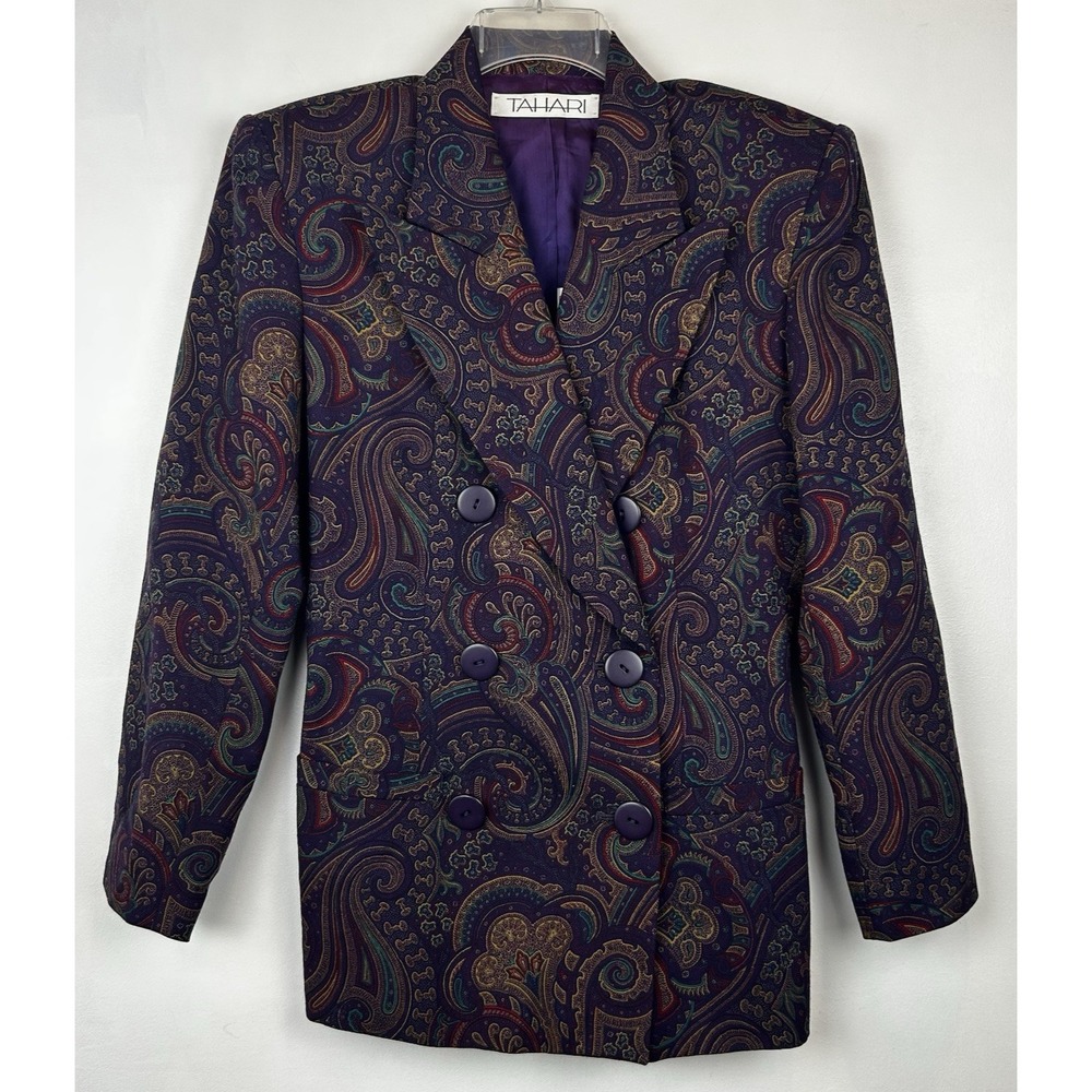 Vintage Tahari Blazer Womens 6 Purple Paisley Jacket Dark Academia Y2K 80s